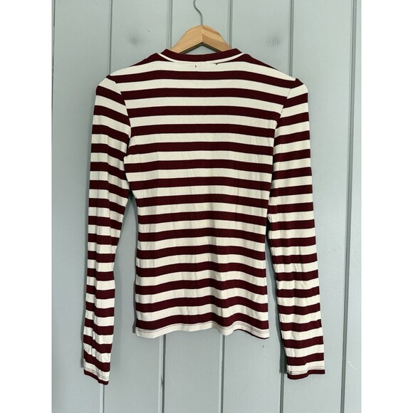 LNA Clothing Top XS Burgundy Cream Striped Rayon Blend Ribbed Crew Neck L/S - Picture 6 of 7